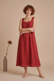 Women's red cotton linen midi dress front view