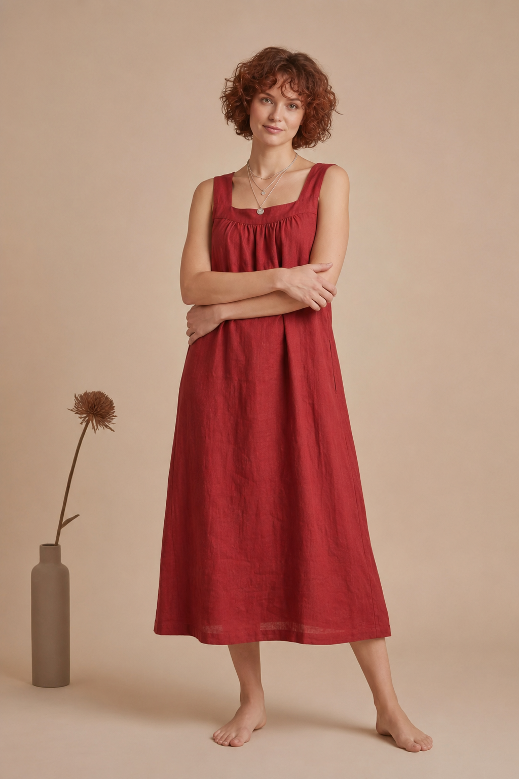Women's red cotton linen midi dress front view