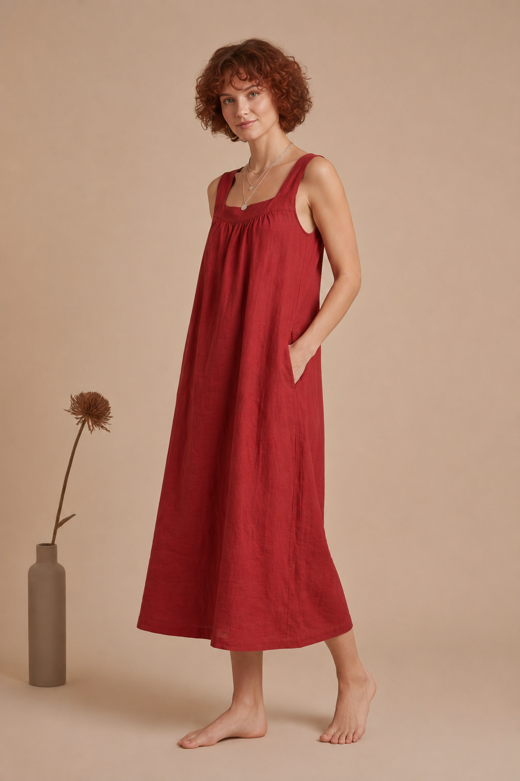 Women's Cotton Linen Midi Dress