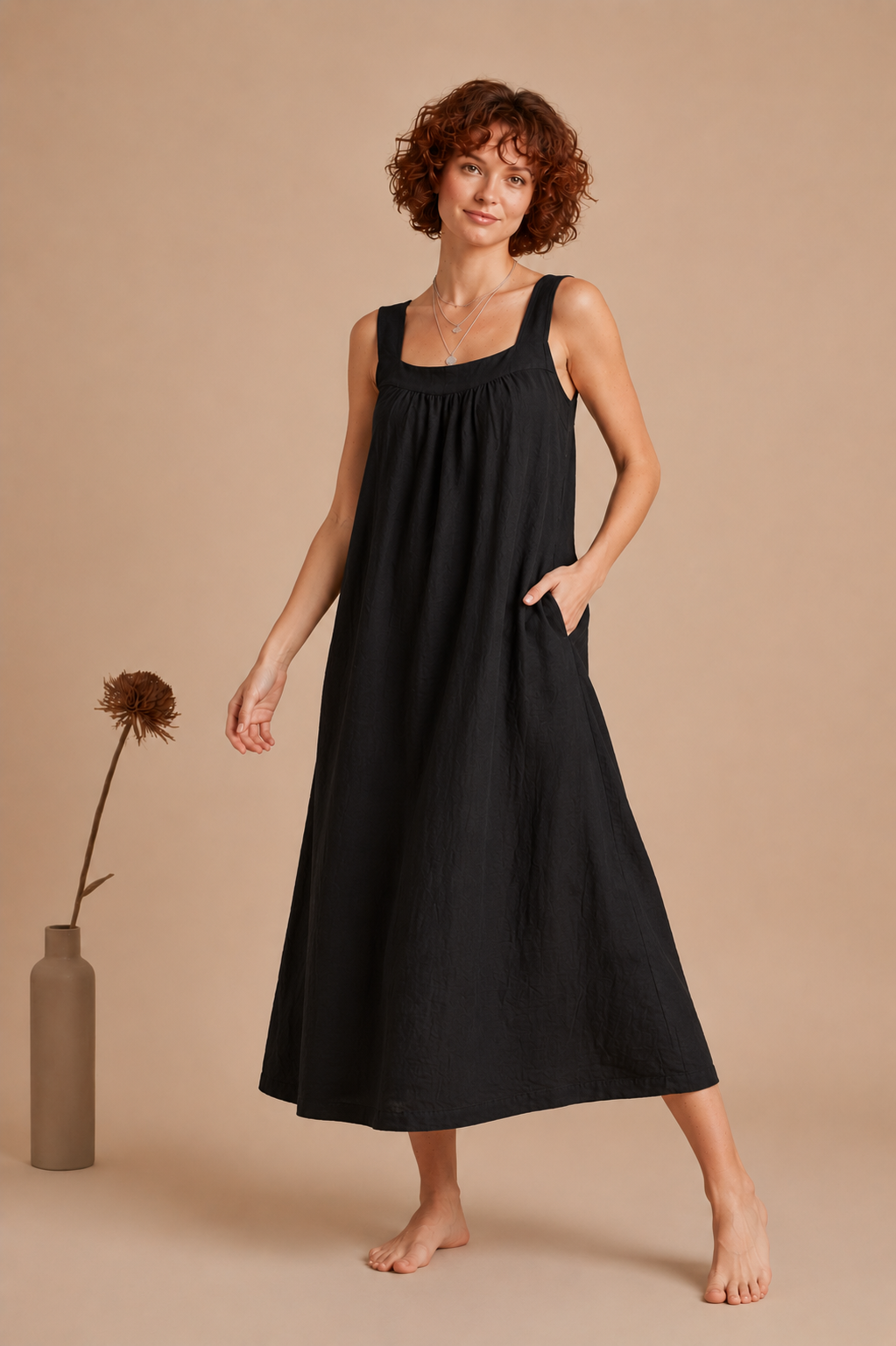 Women's Cotton Linen Midi Dress