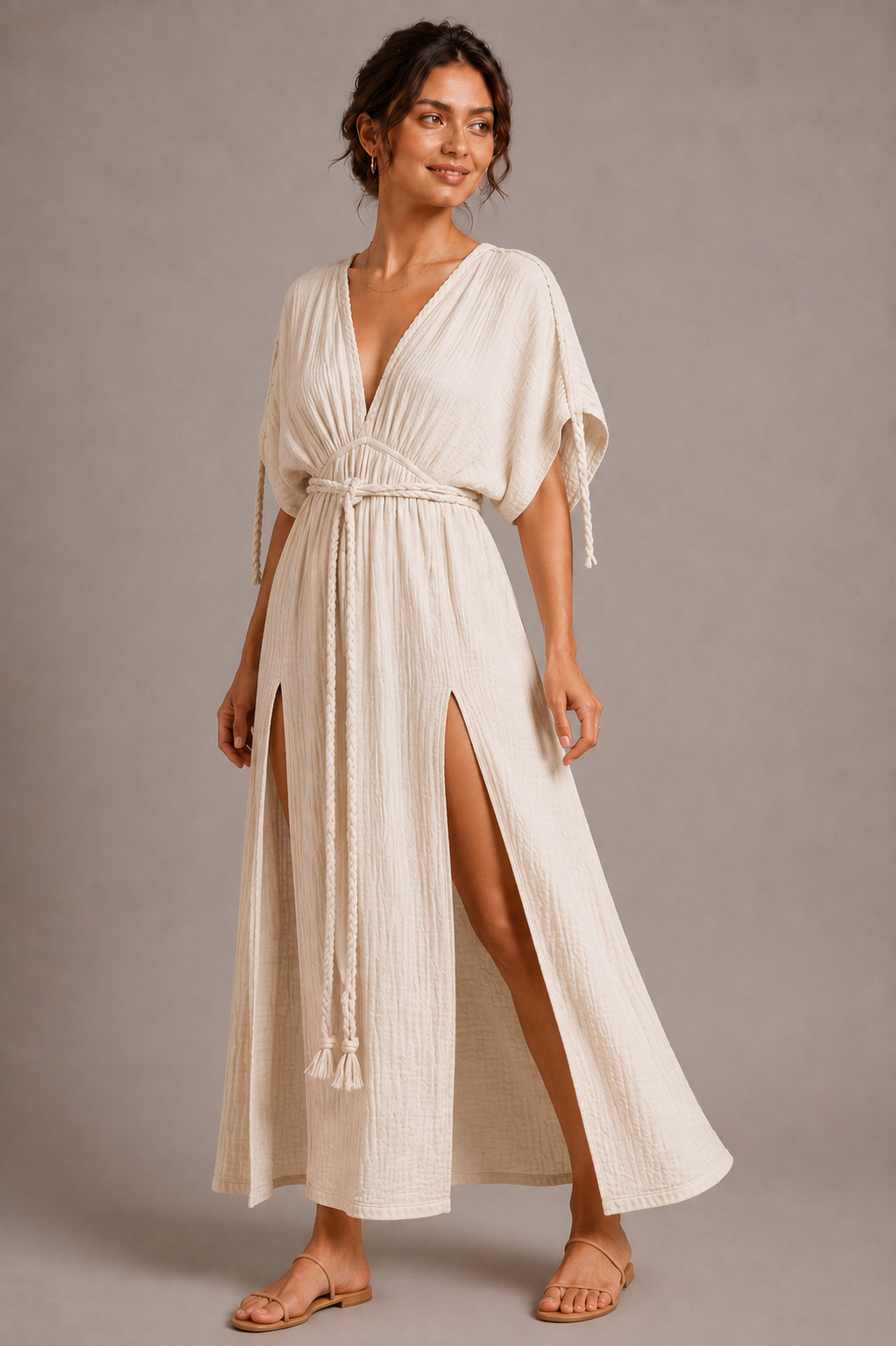 White Cotton Wrap Maxi Dress with Side Slit