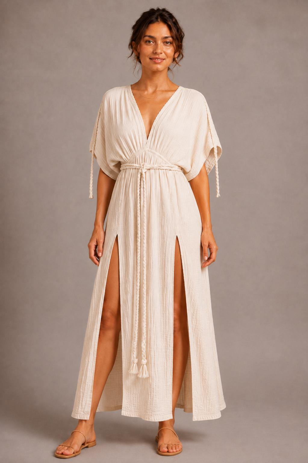 White Cotton Wrap Maxi Dress with Side Slit