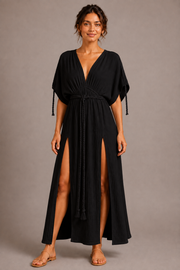 Black Wrap Maxi Dress with Tie Belt | Women's Elegant Dress