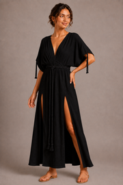 Black Wrap Maxi Dress with Tie Belt | Women's Elegant Dress