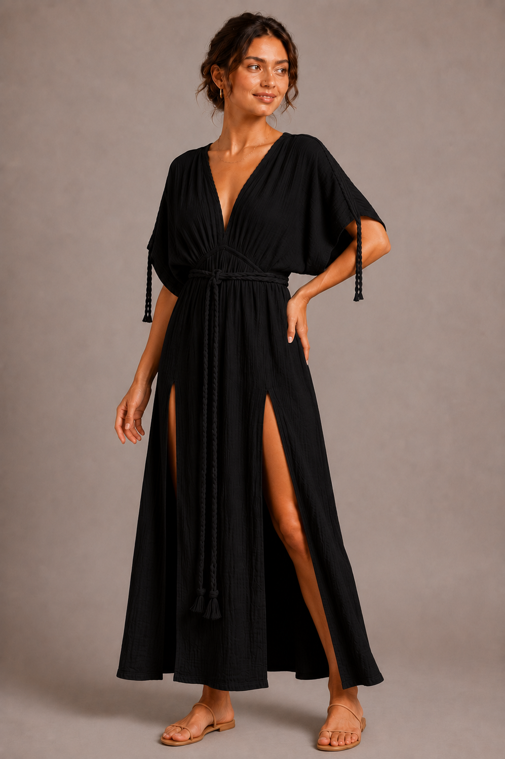 Black Wrap Maxi Dress with Tie Belt | Women's Elegant Dress