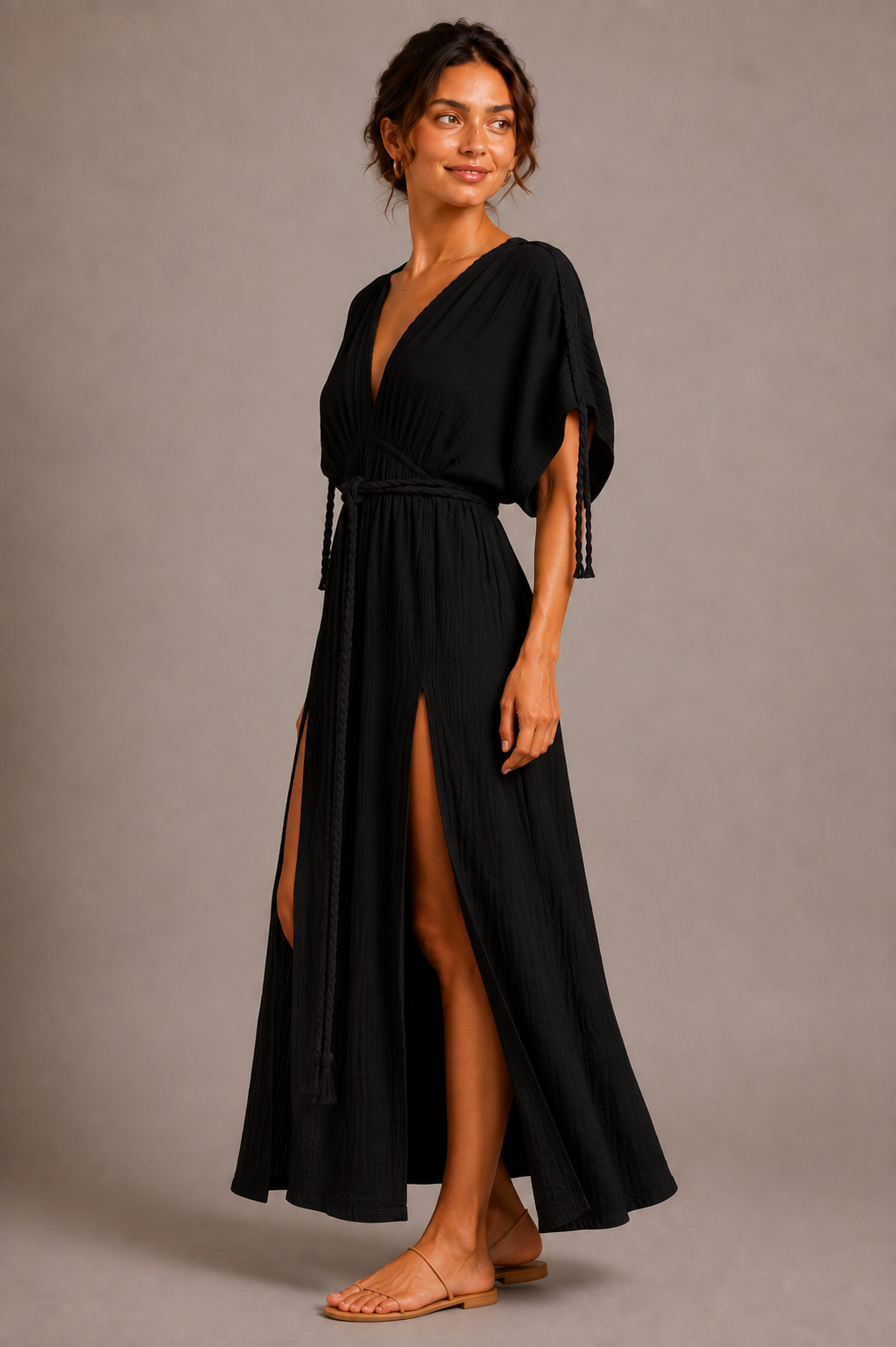 Black Wrap Maxi Dress with Tie Belt | Women's Elegant Dress
