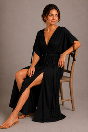 Black Wrap Maxi Dress with Tie Belt | Women's Elegant Dress