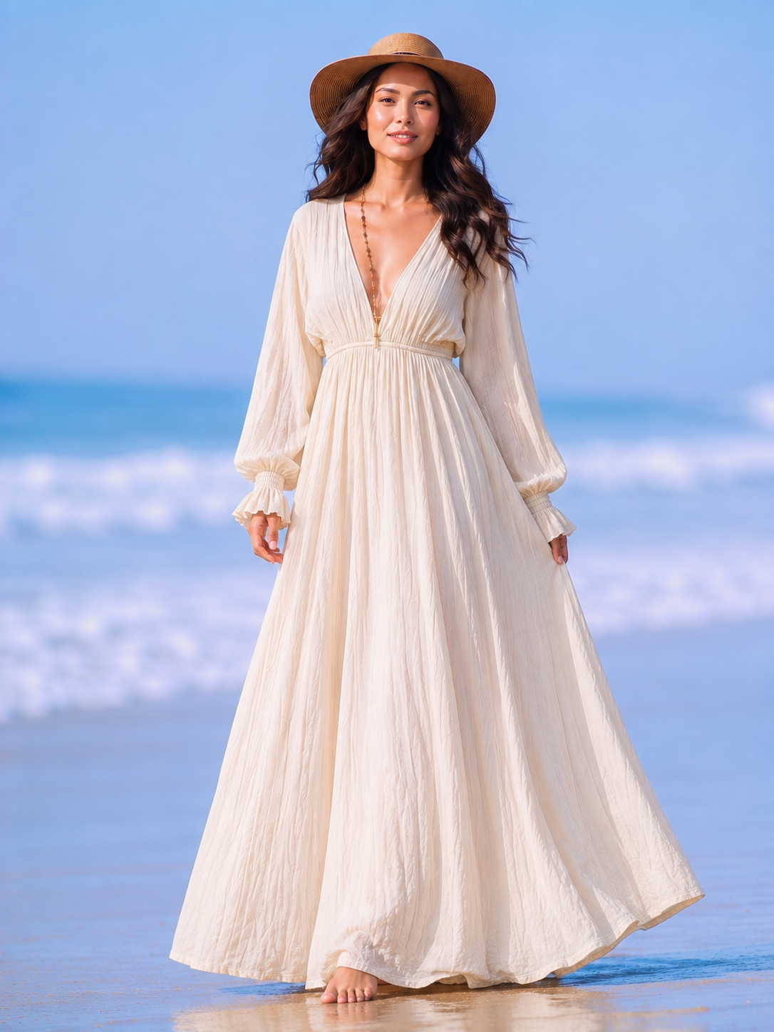 A woman stands barefoot on a beach wearing a long cream maxi dress with a deep V-neck, long sleeves, and a tan wide-brim hat.