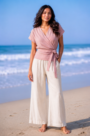 Women's Cotton Wrap Top – Short Sleeve Tie Waist Blouse