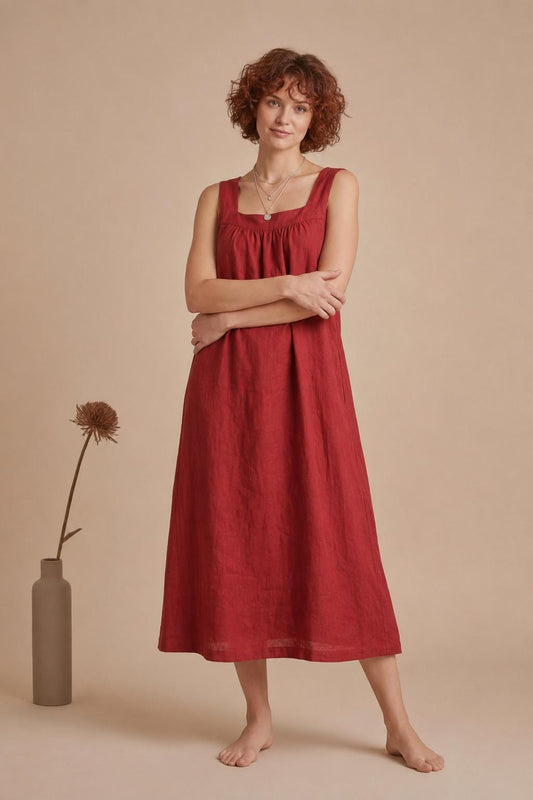 Handmade Linen Maxi Dress, Sleeveless Square Neck, Loose Fit, Pockets, Cottagecore Style