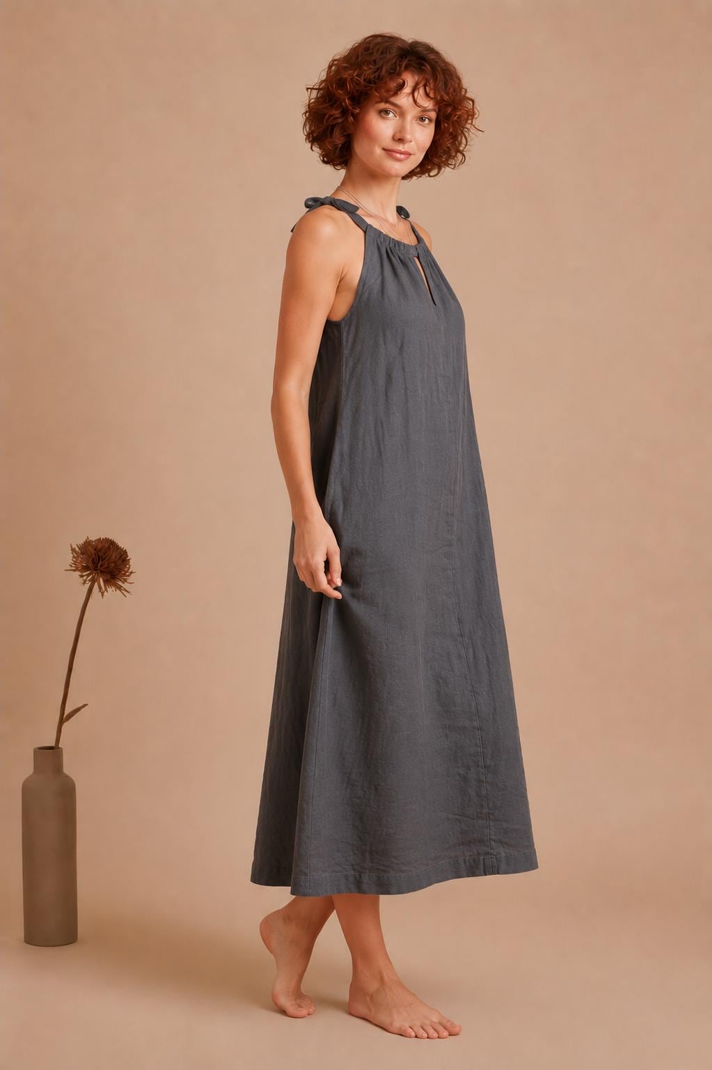 Handmade Linen Halter Midi Dress, Tie Shoulder A-Line Summer Vacation Outfit