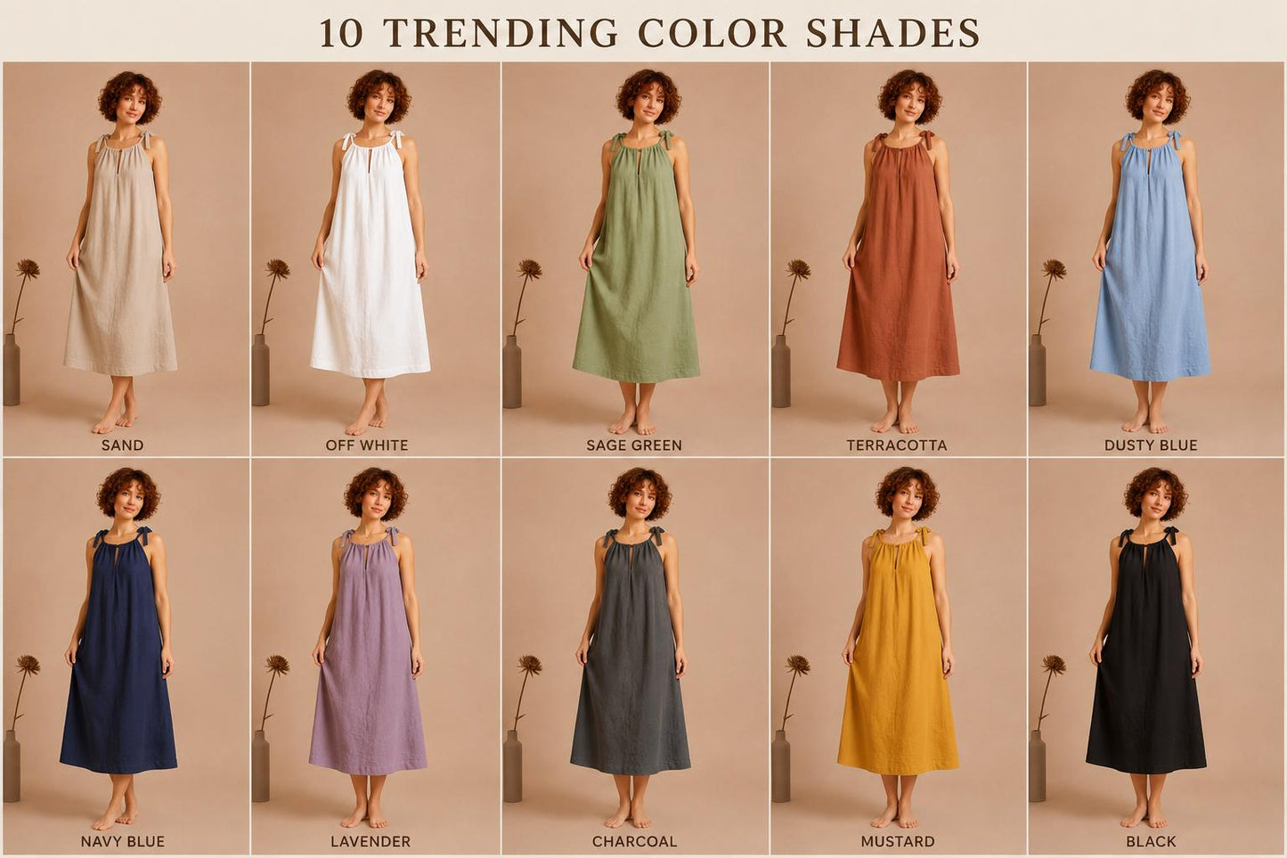 Handmade Linen Halter Midi Dress, Tie Shoulder A-Line Summer Vacation Outfit