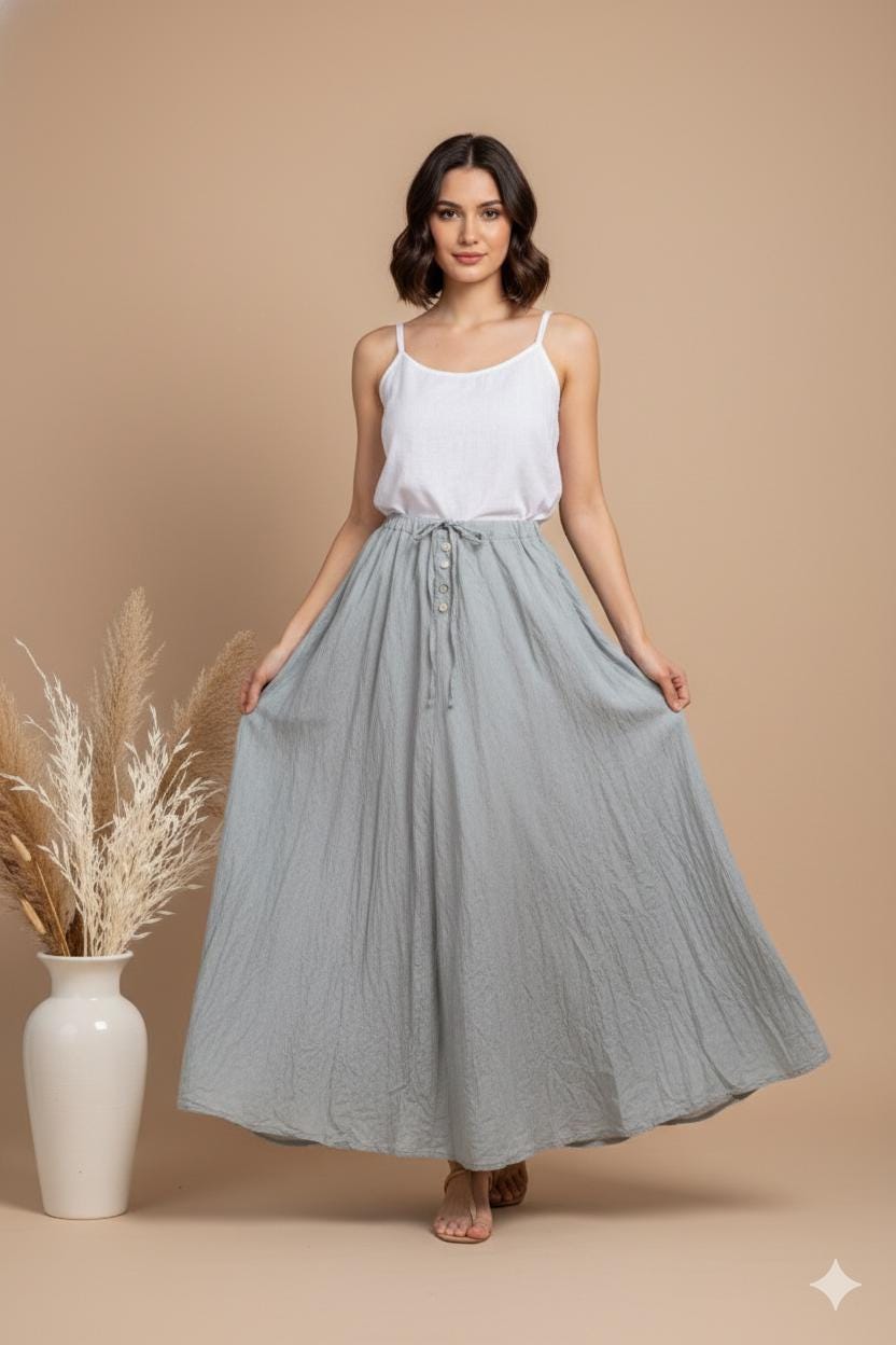 Handmade Linen Maxi Skirt, High Waist, Flowy Boho Summer Skirt with Pockets