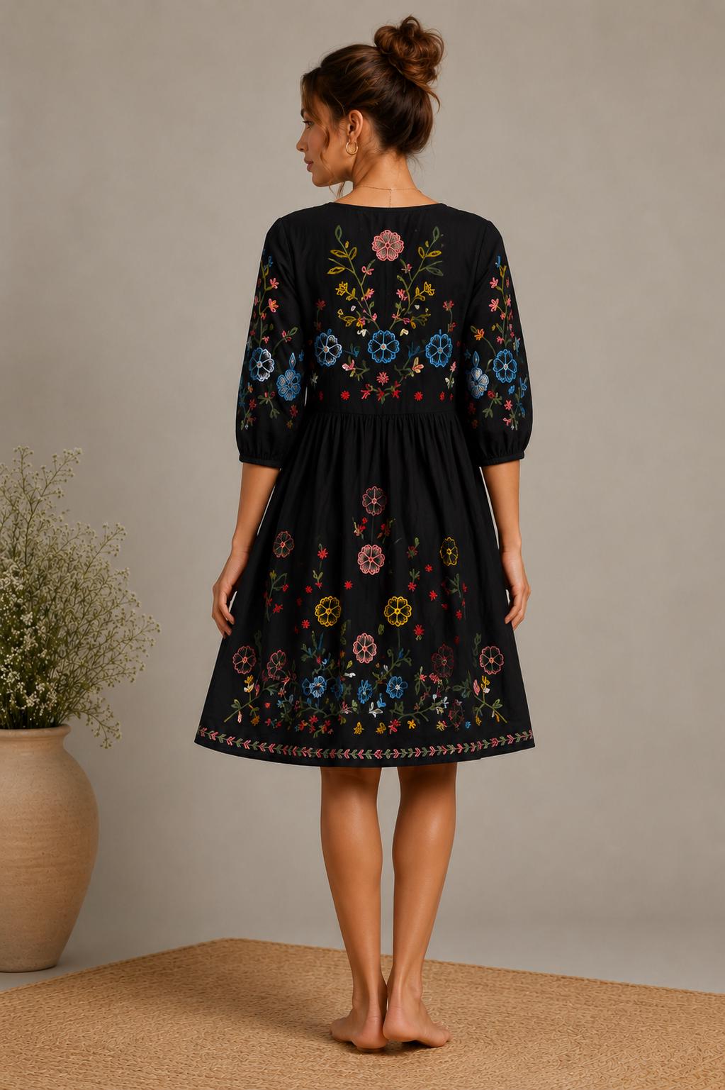 Midi Dress, Colorful Floral Embroidery , Bohemian Folk Style , Loose Fit , Festival Outfit