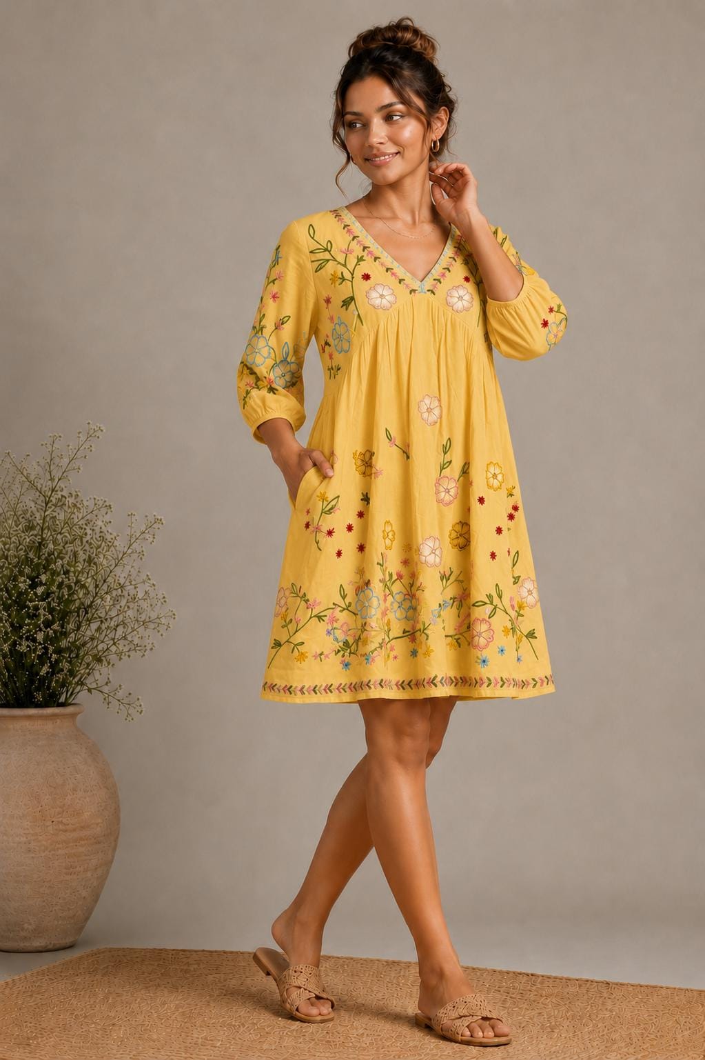 Midi Dress, Colorful Floral Embroidery , Bohemian Folk Style , Loose Fit , Festival Outfit