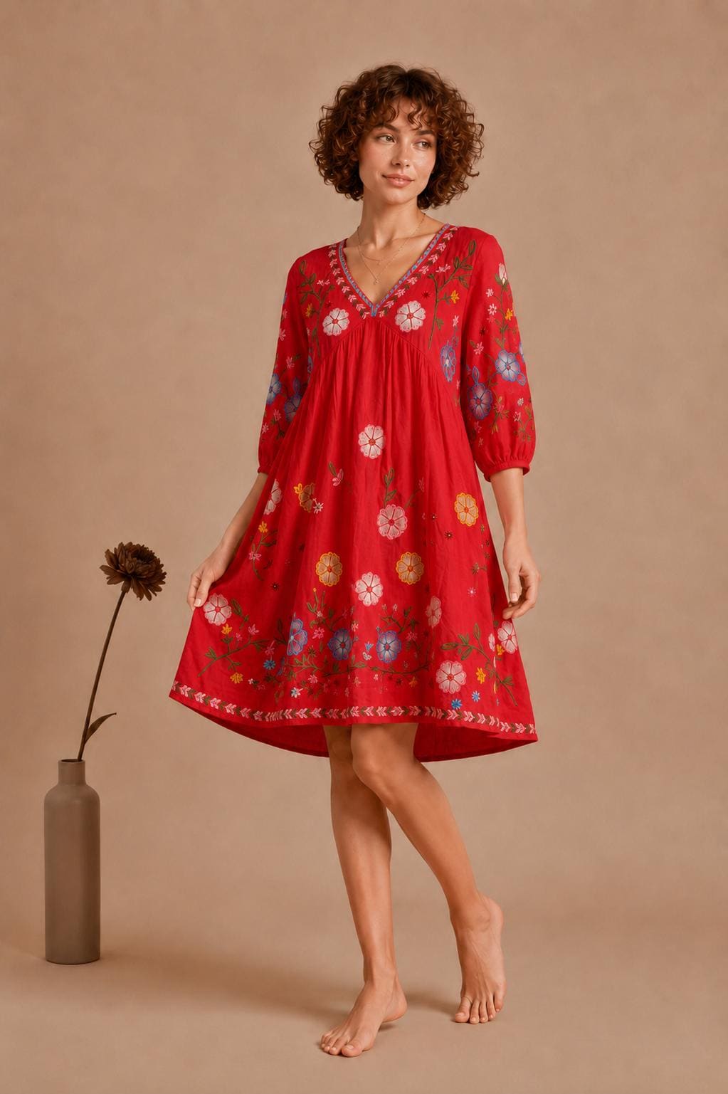 Midi Dress, Colorful Floral Embroidery , Bohemian Folk Style , Loose Fit , Festival Outfit