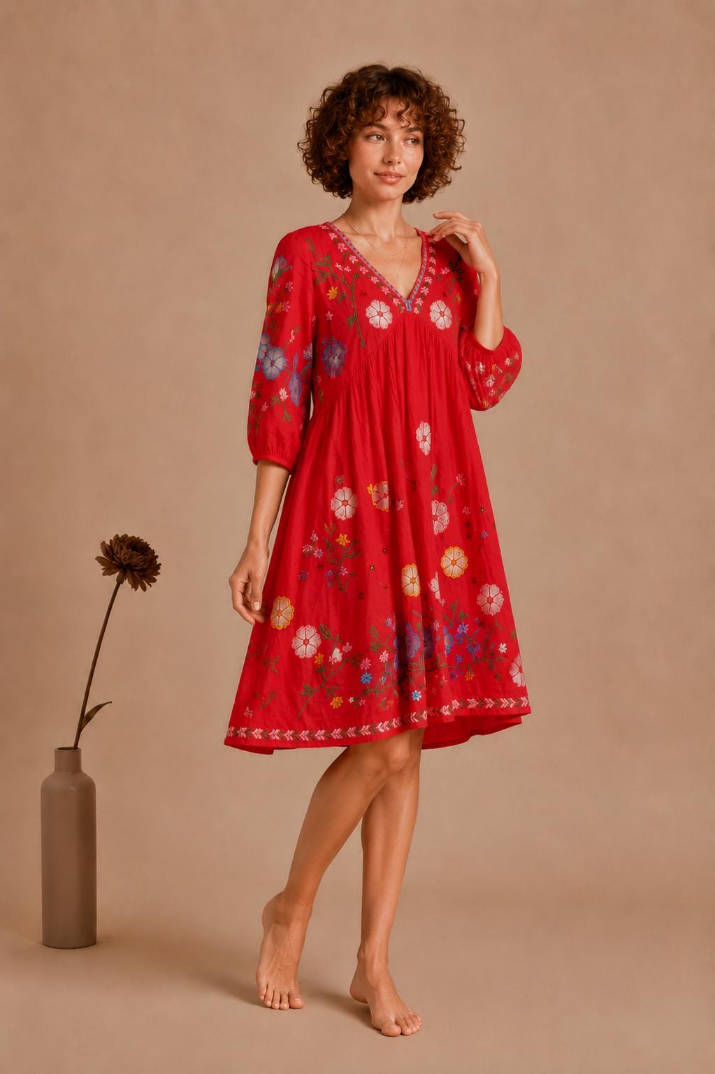 Midi Dress, Colorful Floral Embroidery , Bohemian Folk Style , Loose Fit , Festival Outfit