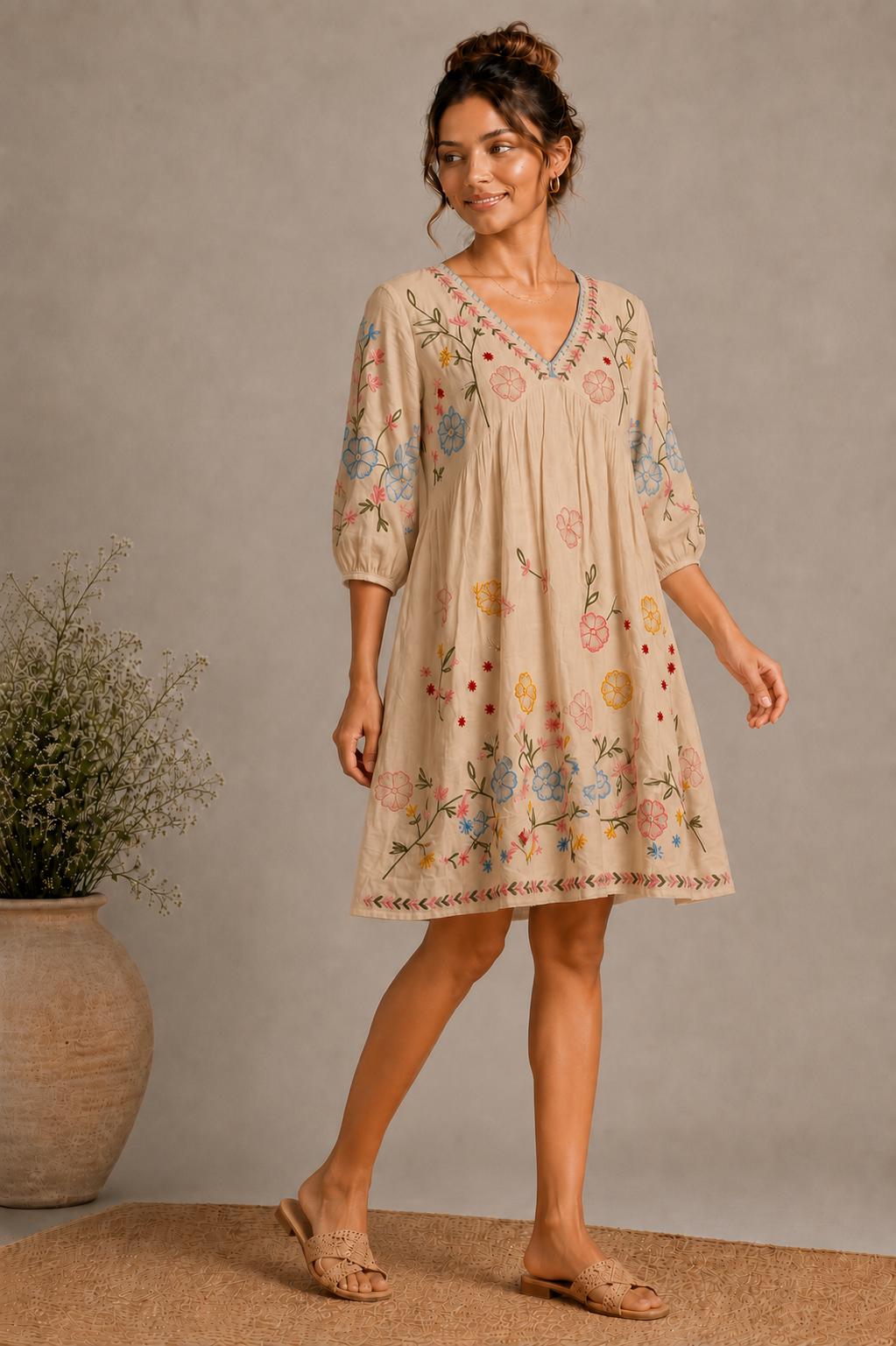 Midi Dress, Colorful Floral Embroidery , Bohemian Folk Style , Loose Fit , Festival Outfit