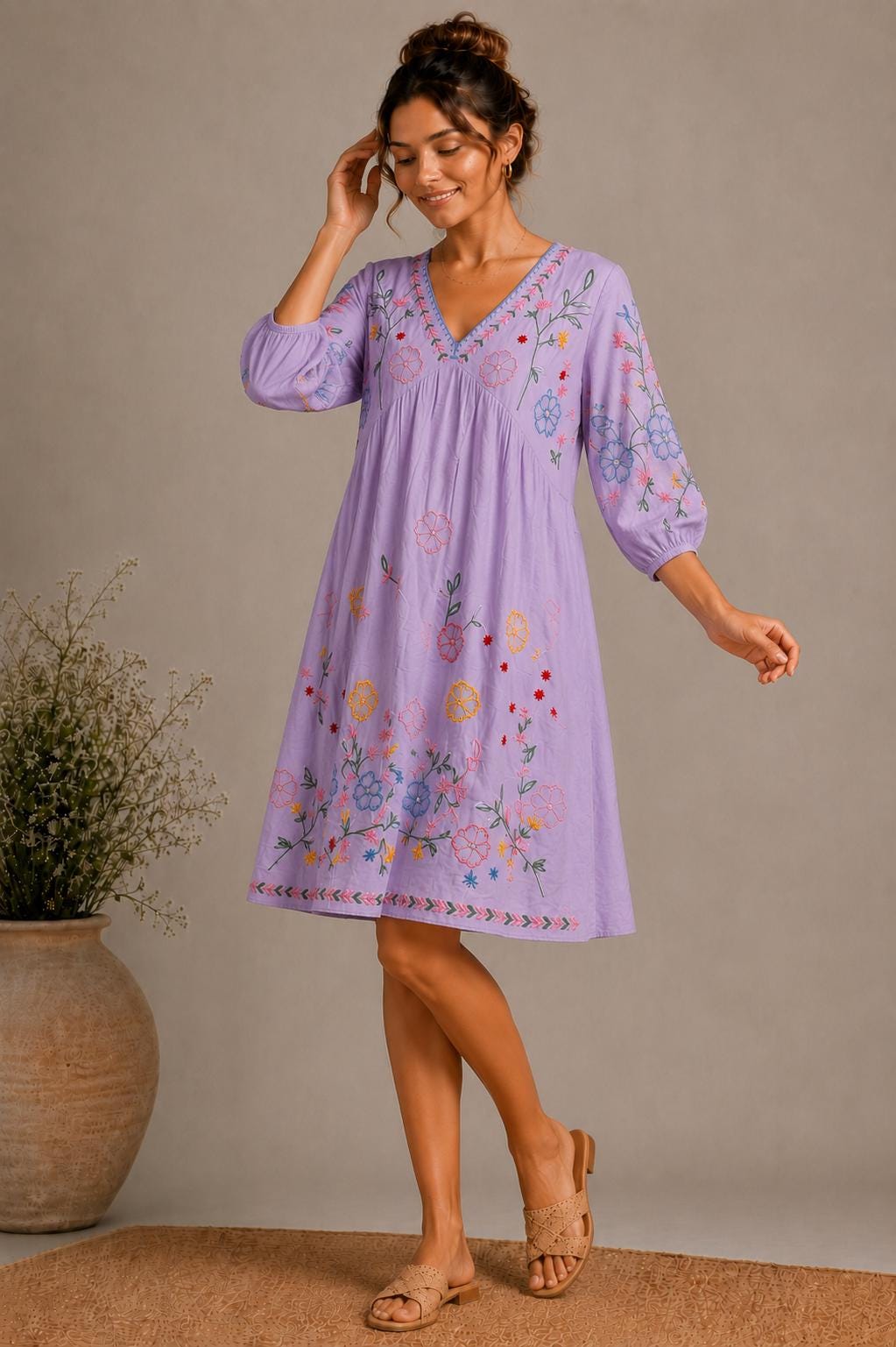 Midi Dress, Colorful Floral Embroidery , Bohemian Folk Style , Loose Fit , Festival Outfit