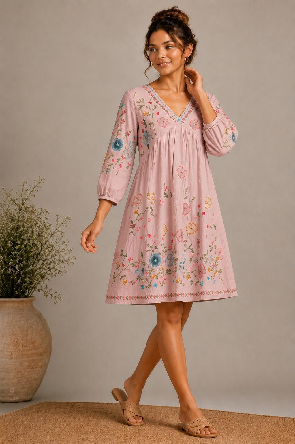 Midi Dress, Colorful Floral Embroidery , Bohemian Folk Style , Loose Fit , Festival Outfit