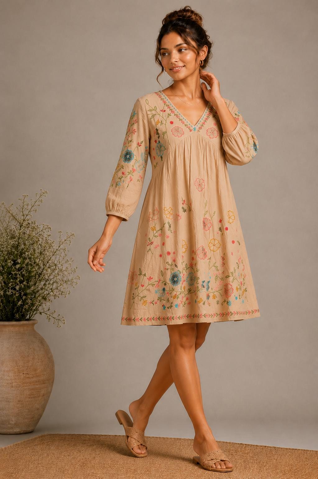Midi Dress, Colorful Floral Embroidery , Bohemian Folk Style , Loose Fit , Festival Outfit