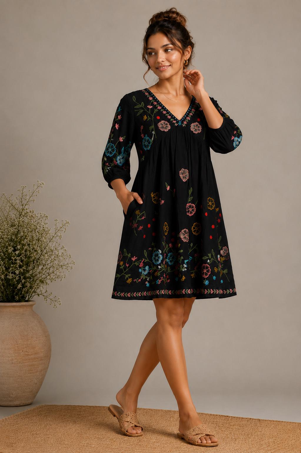 Midi Dress, Colorful Floral Embroidery , Bohemian Folk Style , Loose Fit , Festival Outfit