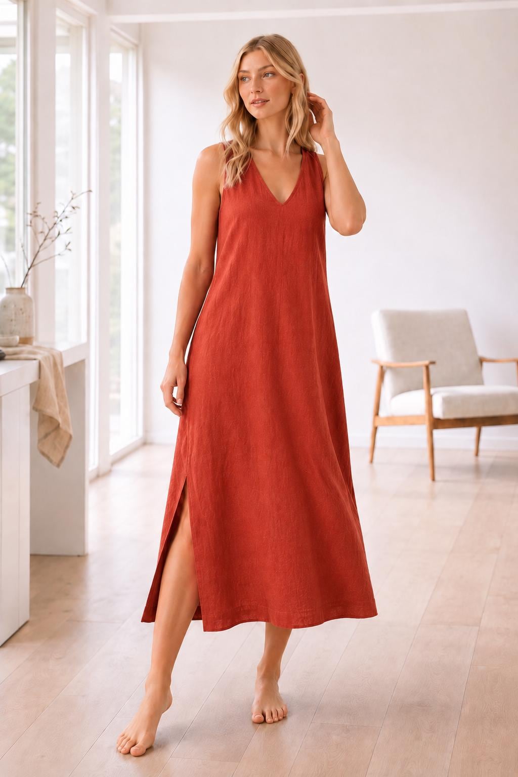 Linen Maxi Dress, Sleeveless V-Neck, Side Slit, Summer Vacation Wear