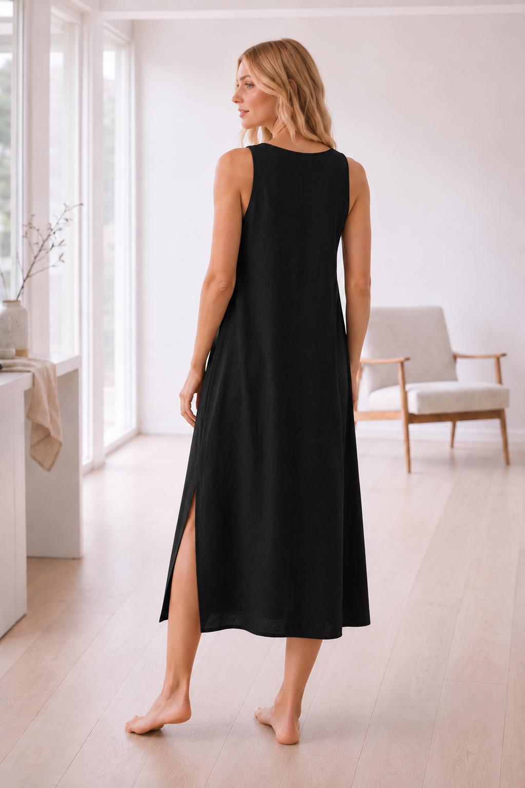 Linen Maxi Dress, Sleeveless V-Neck, Side Slit, Summer Vacation Wear