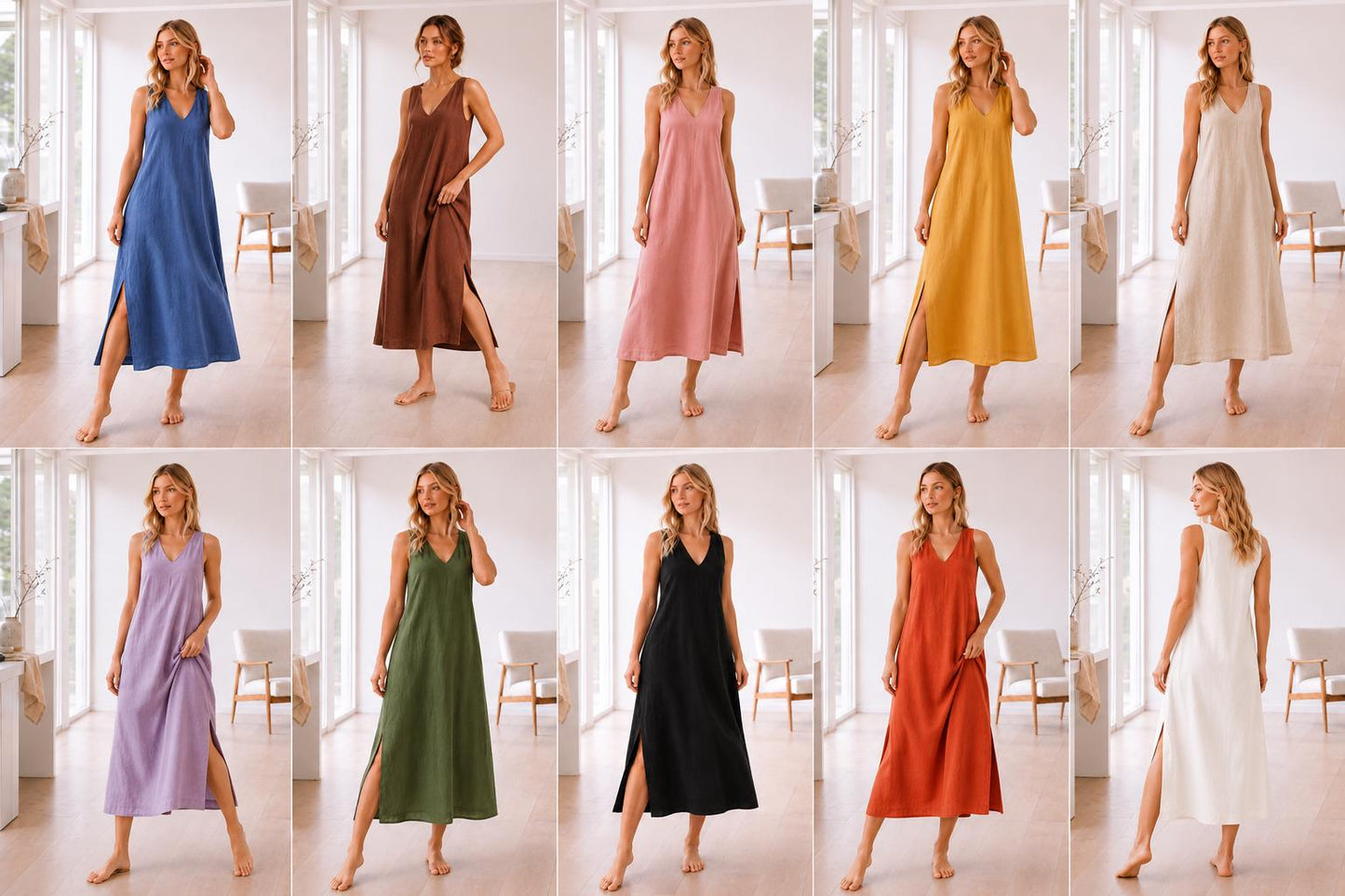 Linen Maxi Dress, Sleeveless V-Neck, Side Slit, Summer Vacation Wear