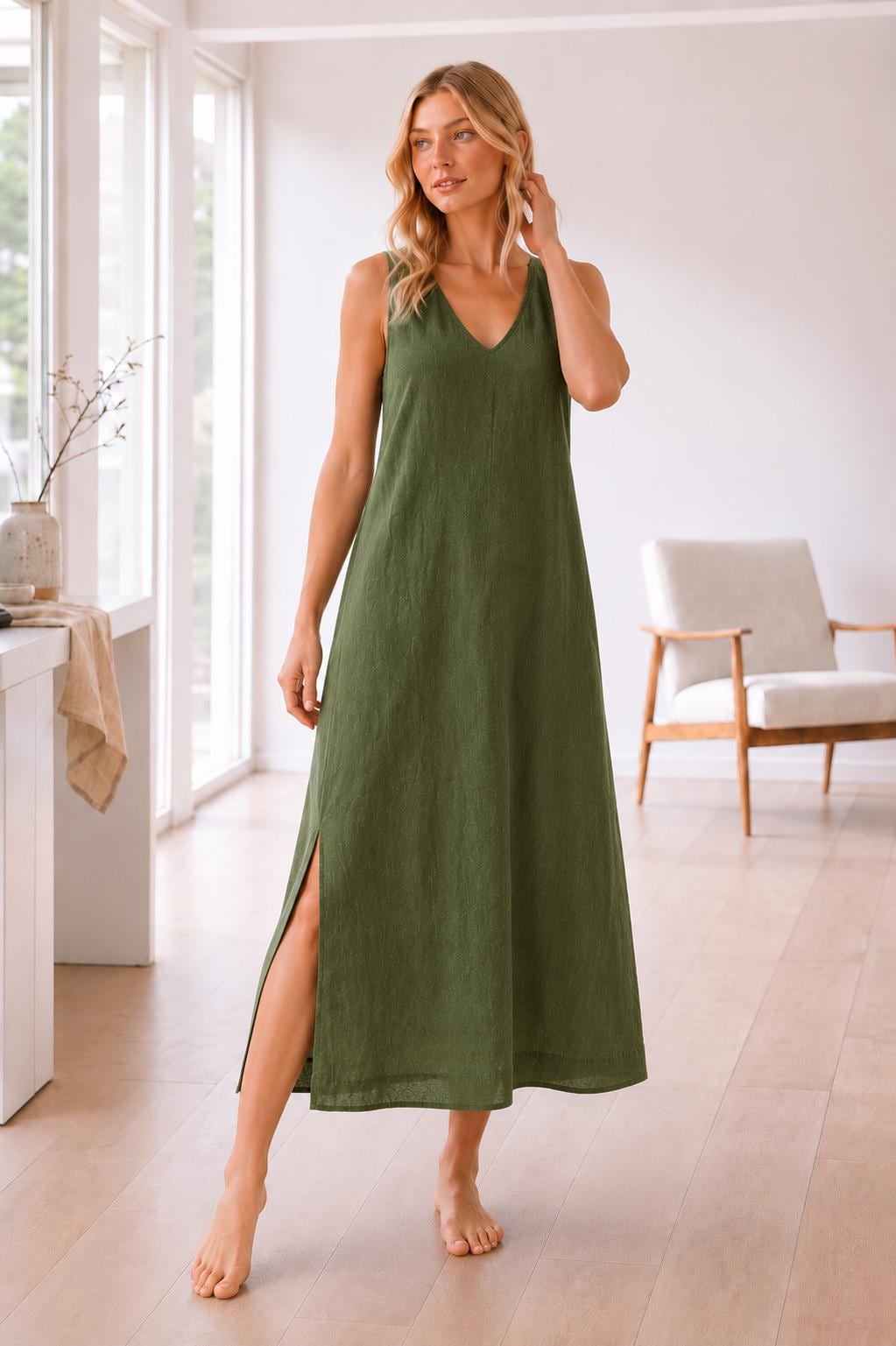 Linen Maxi Dress, Sleeveless V-Neck, Side Slit, Summer Vacation Wear