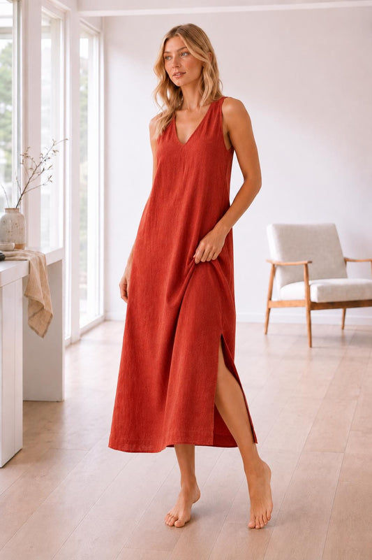 Linen Maxi Dress, Sleeveless V-Neck, Side Slit, Summer Vacation Wear