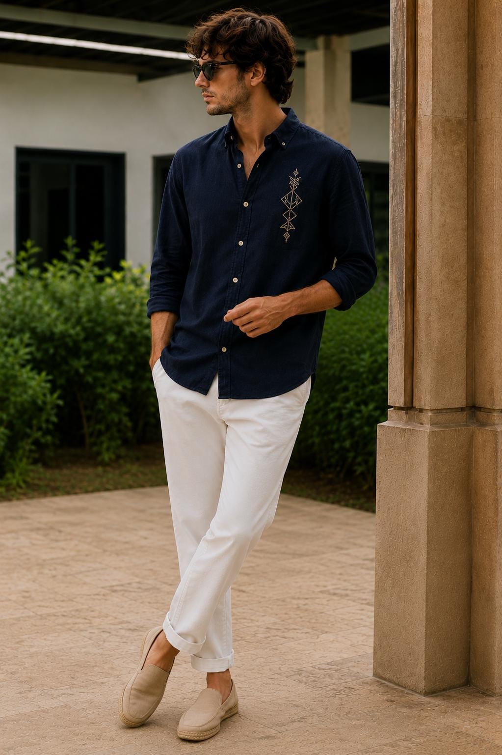 Men's Navy Embroidered Linen Shirt, Casual Summer Resort Wear