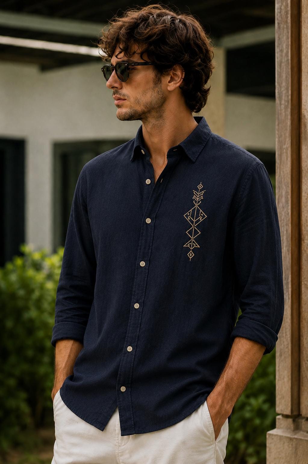 Men's Navy Embroidered Linen Shirt, Casual Summer Resort Wear