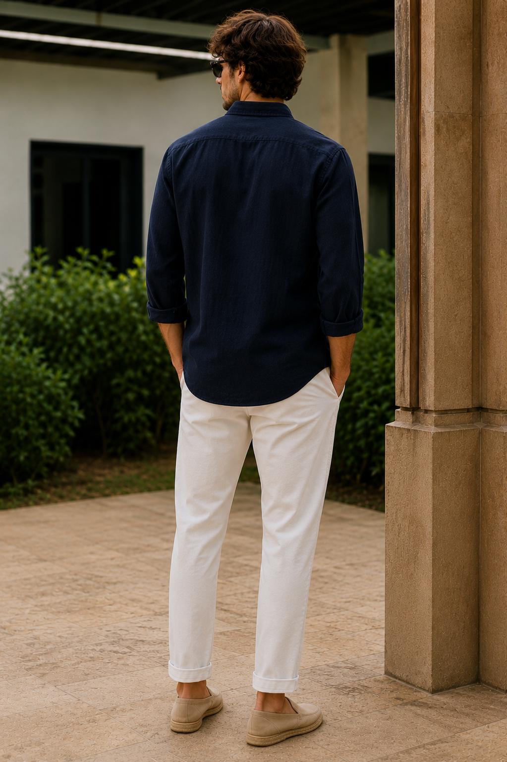 Men's Navy Embroidered Linen Shirt, Casual Summer Resort Wear