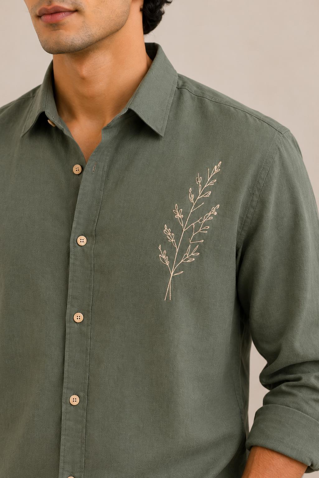 Men's Olive Green Embroidered Linen Shirt, Minimalist Botanical Design, Casual Long Sleeve