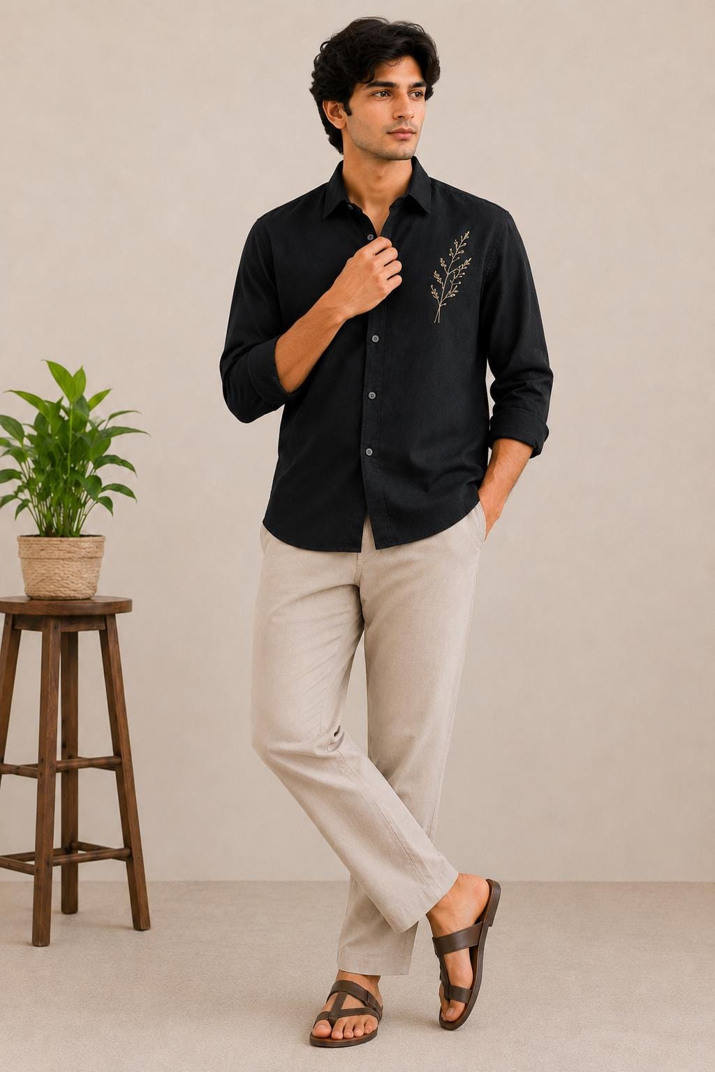 Men's Olive Green Embroidered Linen Shirt, Minimalist Botanical Design, Casual Long Sleeve