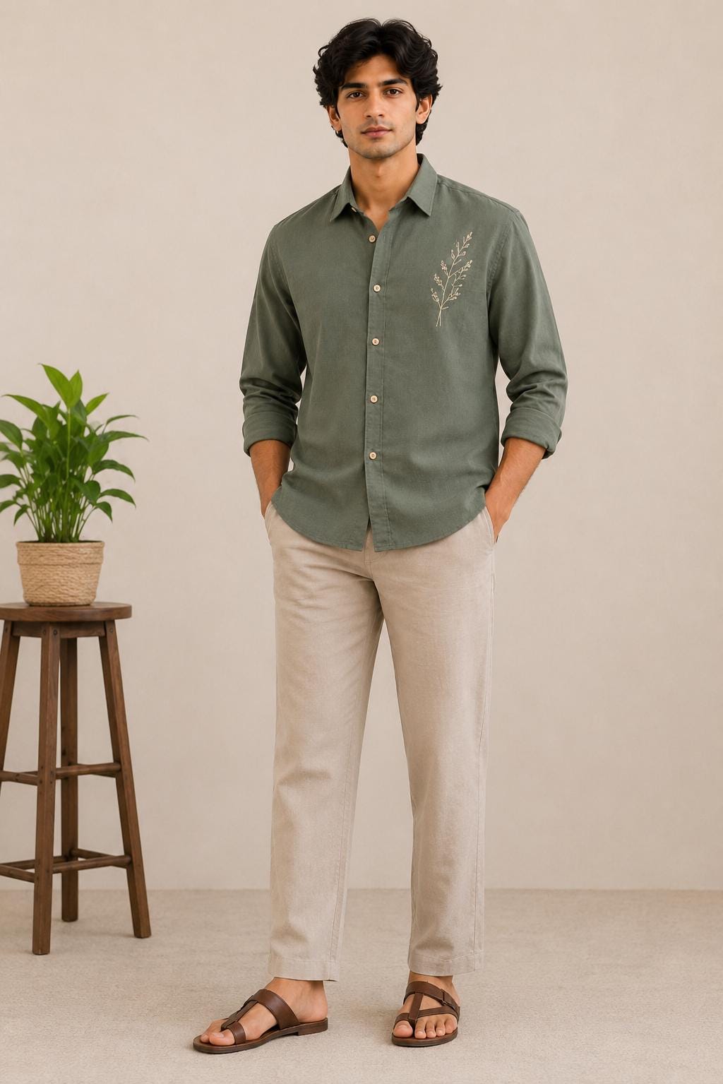 Men's Olive Green Embroidered Linen Shirt, Minimalist Botanical Design, Casual Long Sleeve