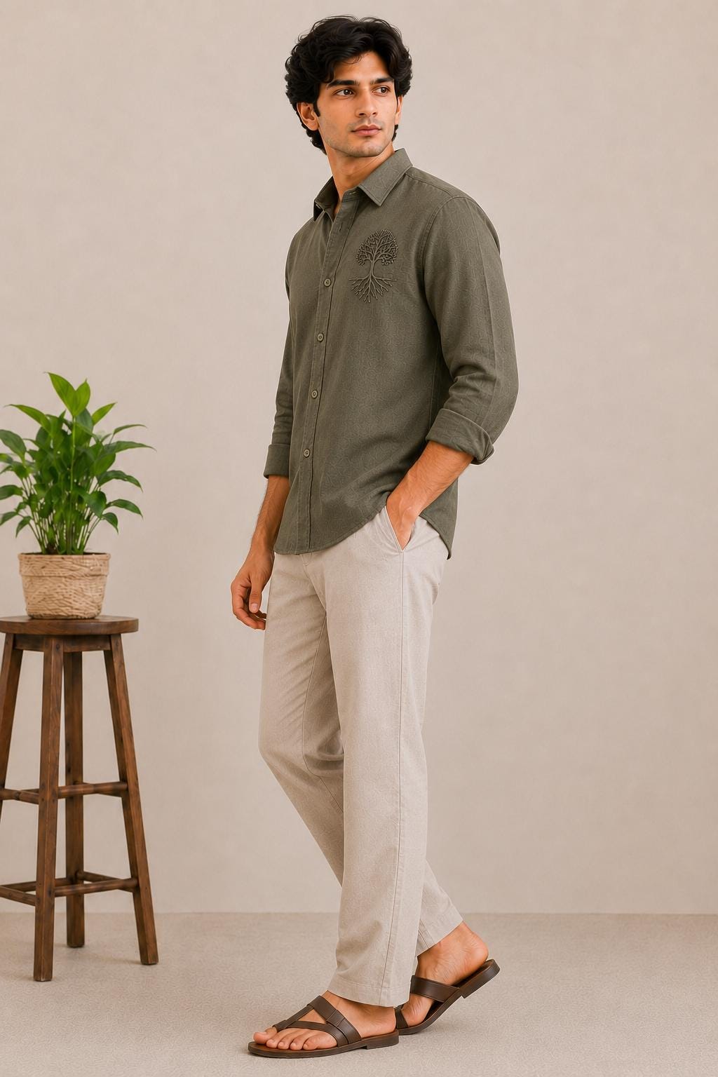 Men's Olive Green Linen Blend Shirt, Tree of Life Embroidery, Long Sleeve Button Down