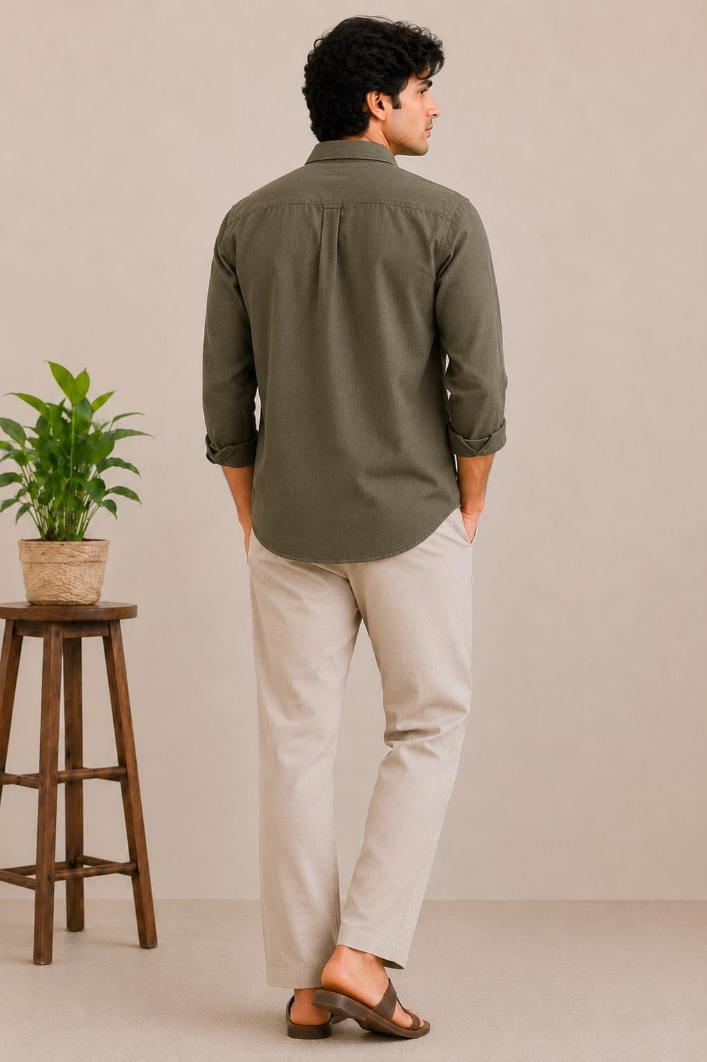 Men's Olive Green Linen Blend Shirt, Tree of Life Embroidery, Long Sleeve Button Down