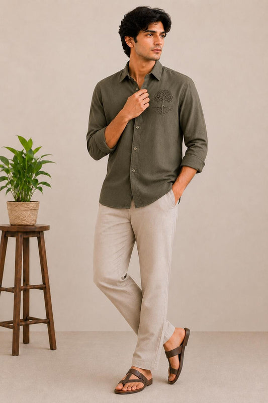 Men's Olive Green Linen Blend Shirt, Tree of Life Embroidery, Long Sleeve Button Down
