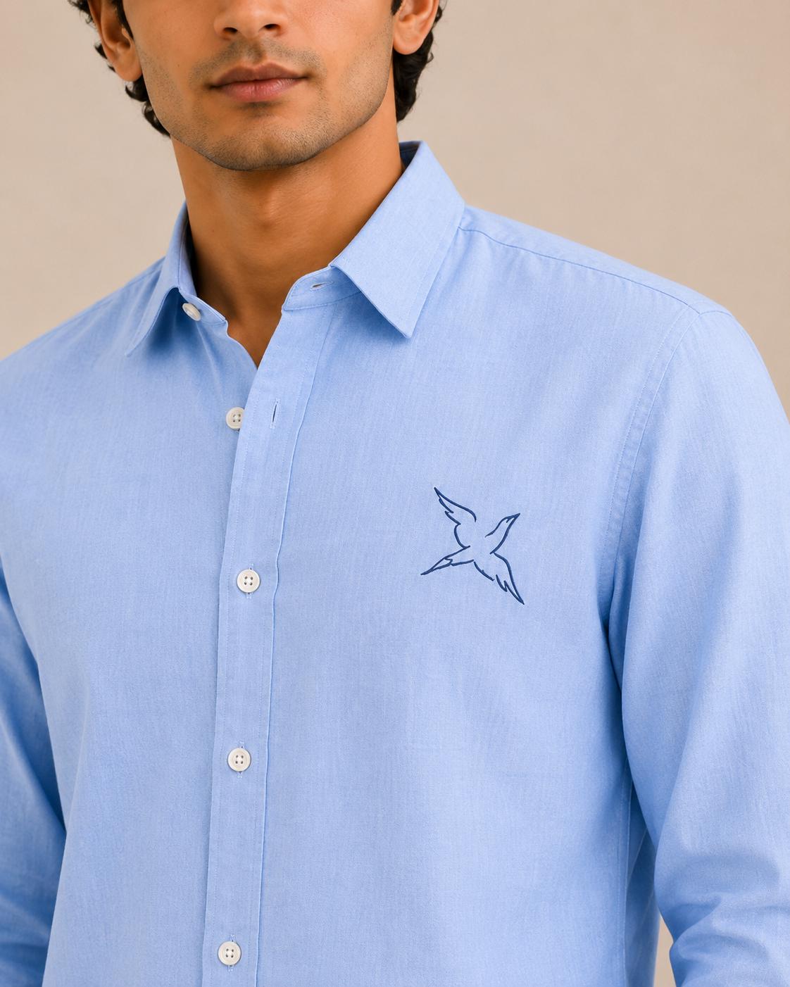 Men's Sky Blue Cotton Linen Blend Shirt, Embroidered Bird Logo, Long Sleeve Button Down