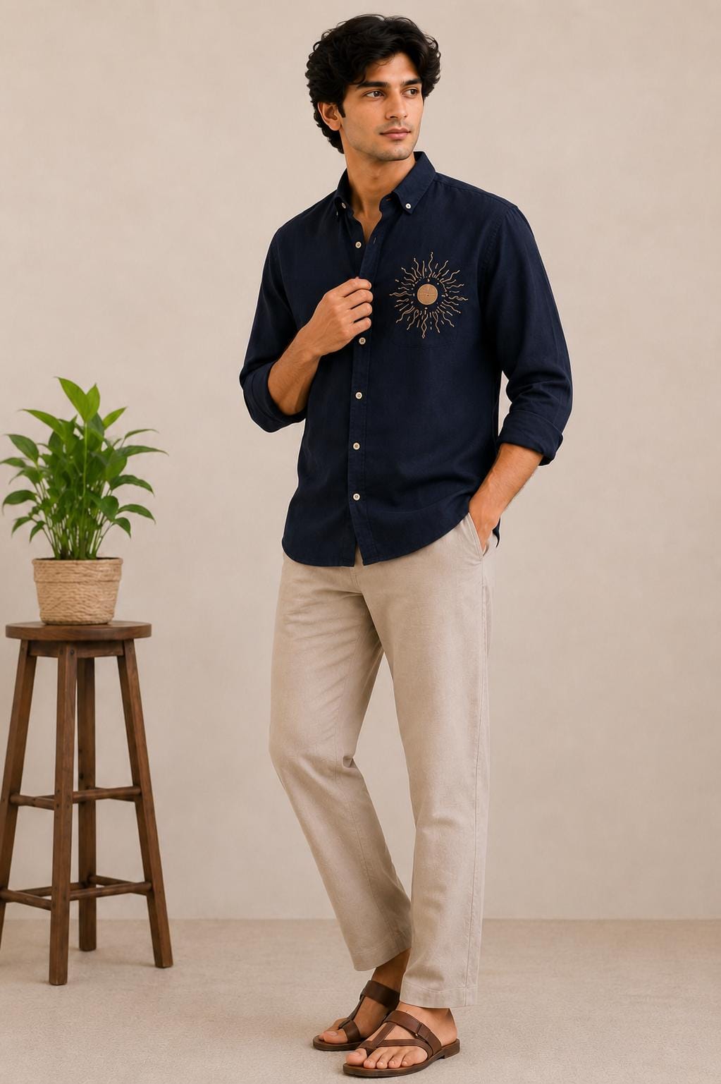 Men's Navy Linen Shirt, Hand Embroidered Sun Pocket, Casual Summer Beach Vacation