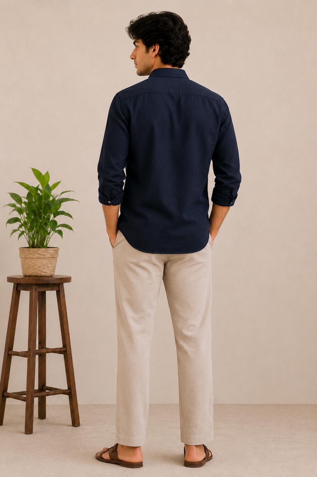 Men's Navy Linen Shirt, Hand Embroidered Sun Pocket, Casual Summer Beach Vacation