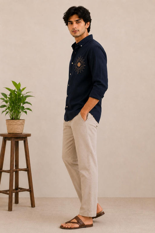 Men's Navy Linen Shirt, Hand Embroidered Sun Pocket, Casual Summer Beach Vacation