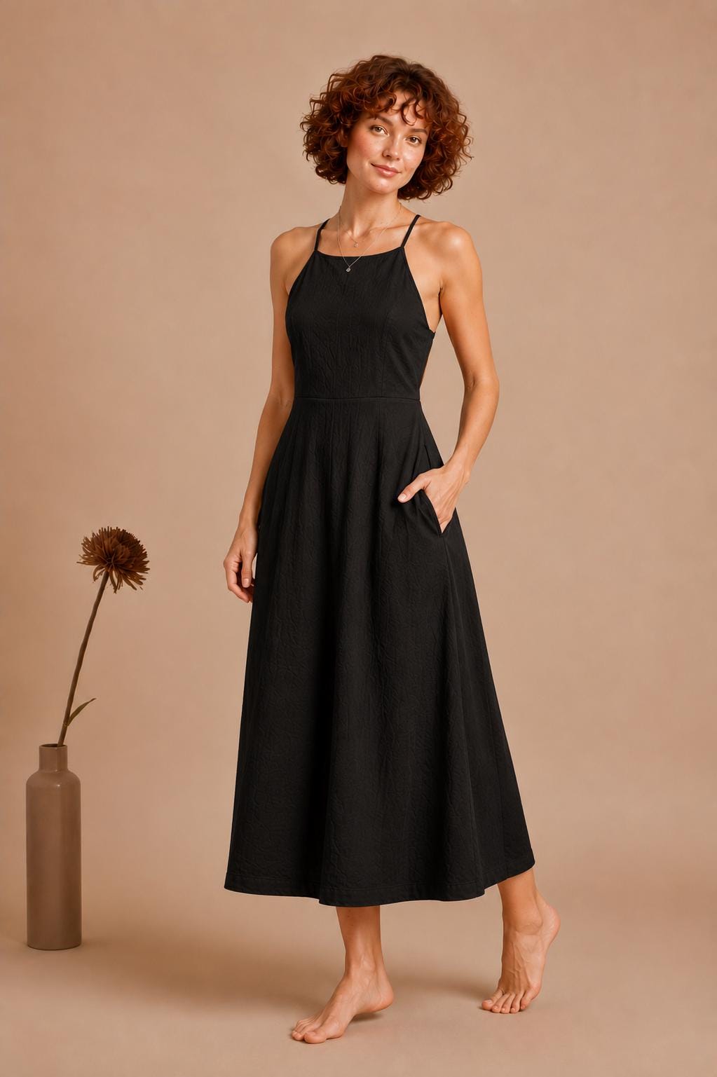 Handmade Linen Blend Halter Midi Dress, Open Back A-Line Summer Vacation Outfit