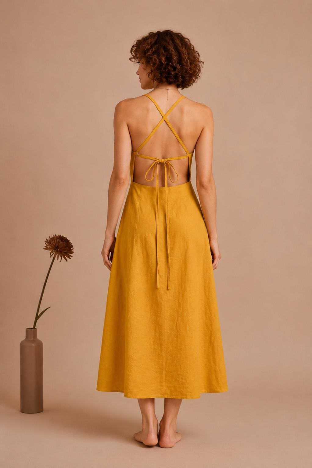 Handmade Linen Blend Halter Midi Dress, Open Back A-Line Summer Vacation Outfit