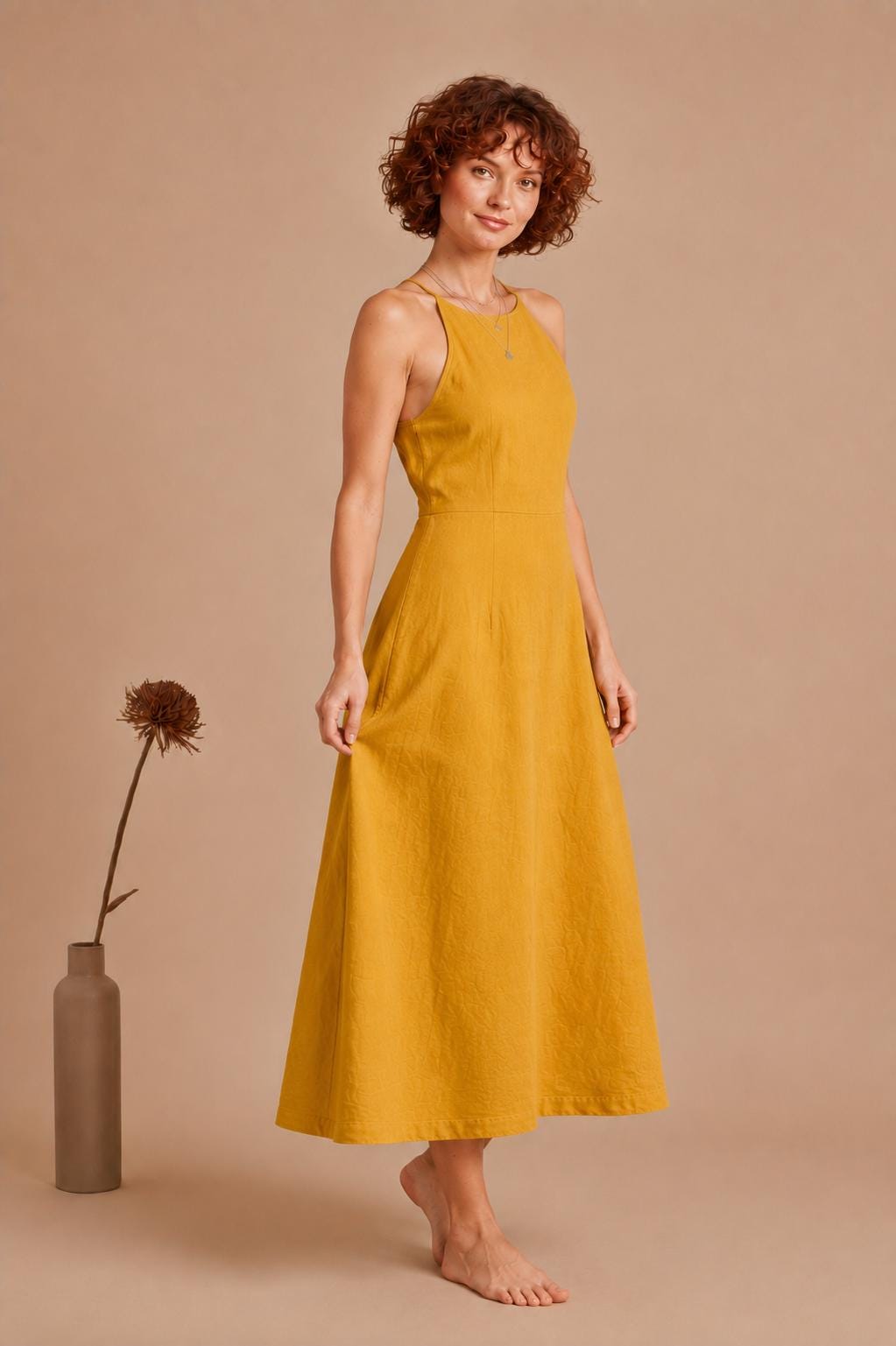Handmade Linen Blend Halter Midi Dress, Open Back A-Line Summer Vacation Outfit