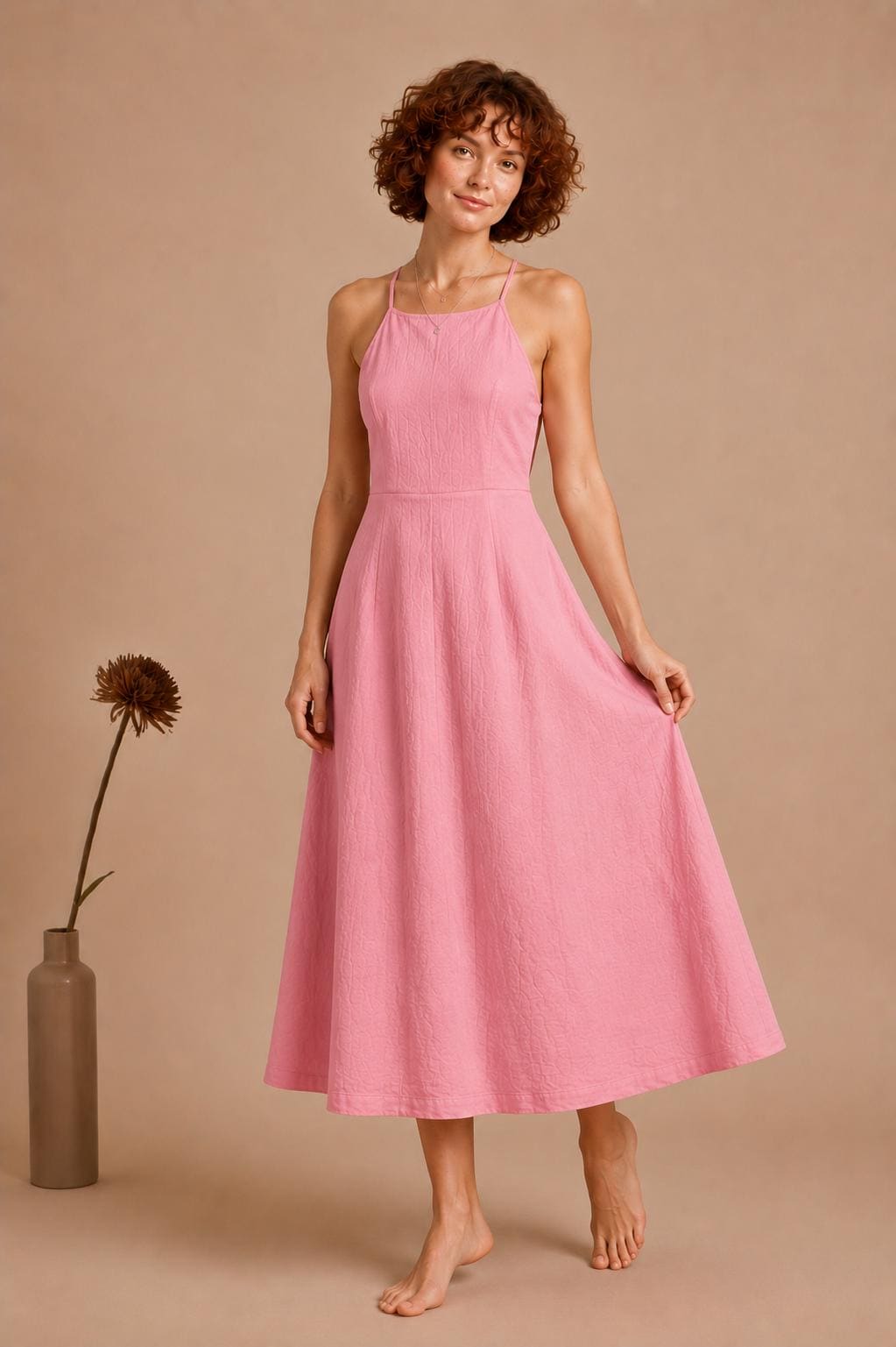 Handmade Linen Blend Halter Midi Dress, Open Back A-Line Summer Vacation Outfit