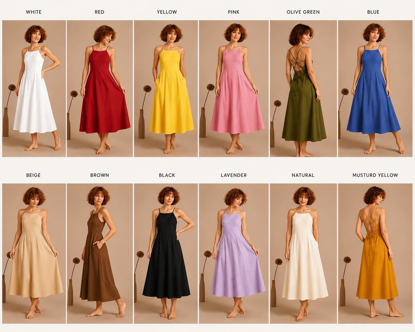 Handmade Linen Blend Halter Midi Dress, Open Back A-Line Summer Vacation Outfit