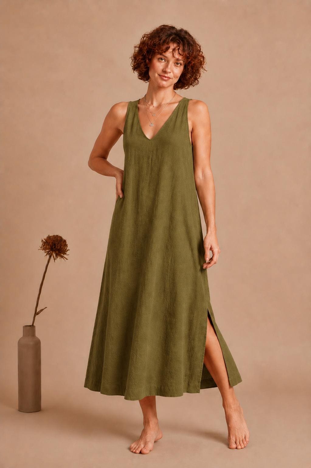 Handmade Linen Maxi Dress, Sleeveless A-Line with Pockets, Minimalist Summer Style